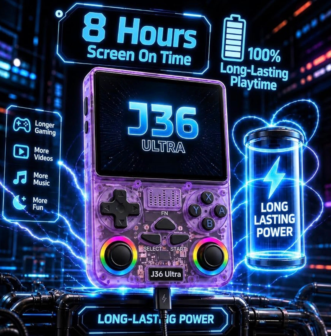 J36 Ultra Handheld Game Console – [X]-inch IPS Screen, Wi-Fi & Bluetooth, Dual Joysticks with RGB Lighting, [XXXX]mAh Rechargeable Battery, Portable Retro-Style Gaming Device – Transparent Purple