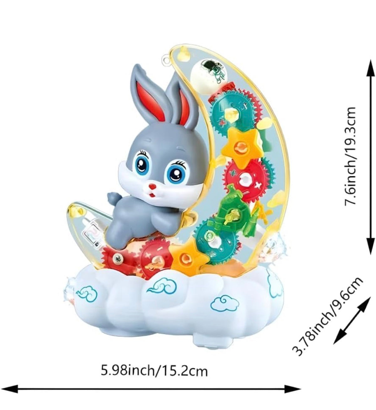 Bunny on the Moon Musical Toy for Kids – Transparent Gear Toy with Colourful LED Lights, Music & Bump and Go Movement | Light-Up Rotating Gears, Cloud Base | Gift for Babies & Toddlers 18 Months+