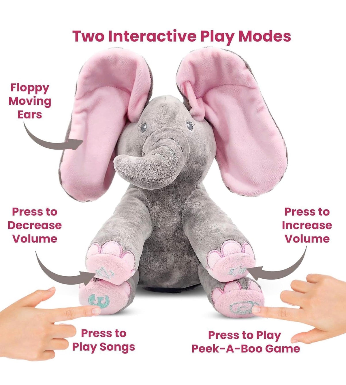 Peek-a-Boo Singing Elephant Plush Toy for Babies – Musical Soft Toy with Moving Ears, Records Your Voice, Sings Songs & Plays Peek-a-Boo | Interactive Stuffed Animal for Toddlers | Baby Gift (Grey-Blue / Grey-Pink)