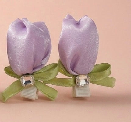 Satin Tulip Flower Hair Clips for Girls – Handcrafted Ribbon Bow Base with Pearl Heart Charm | Set of 2 | Pastel Pink, Blue & Purple | Kids & Teen Hair Accessories | Festive, Party & Birthday Gift