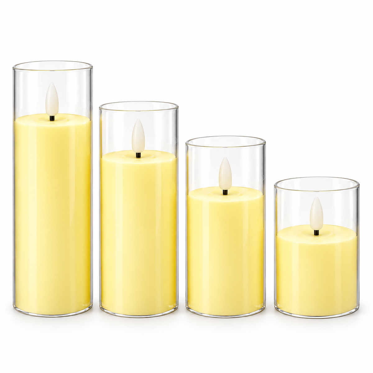 LED Pillar Candles Set of 4 in Clear Holders, Flameless Battery Candles in 4 Heights
