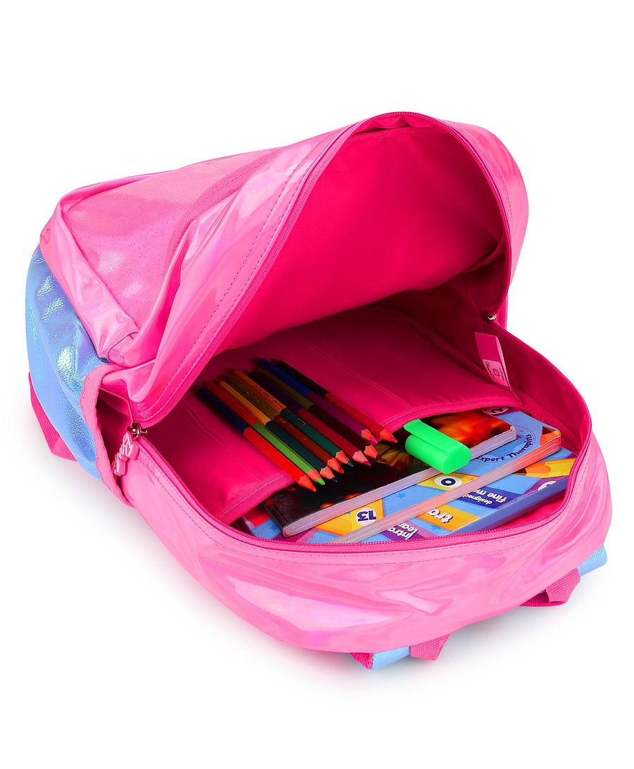 Barbie Kids School Backpack – Holographic Iridescent Front Panel, Raised Script Logo, Glitter Base & Metallic Finish, Multi-Compartment Bag for Girls Ages 5+, Hot Pink/Blue Holographic
