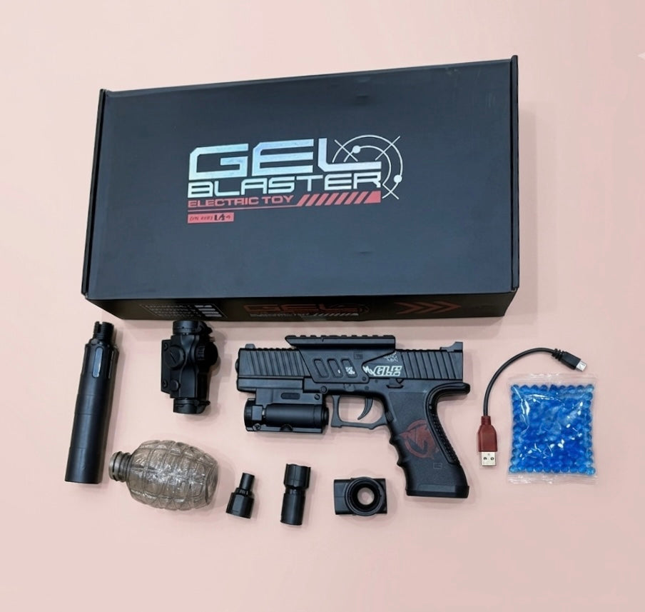 Electric Gel Ball Blaster Toy Gun – Full Tactical Kit with Red Dot Scope, Silencer & Grenade Magazine | USB Rechargeable | Blue Gel Beads Included | Outdoor Shooting Toy for Boys Age 14+ | Gift Set