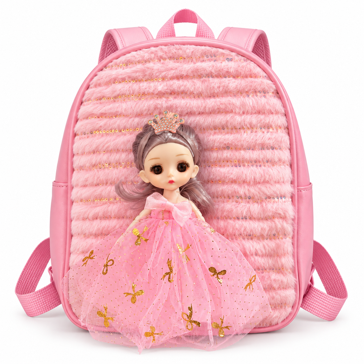 Pink princess doll backpack for girls with sequin plush front