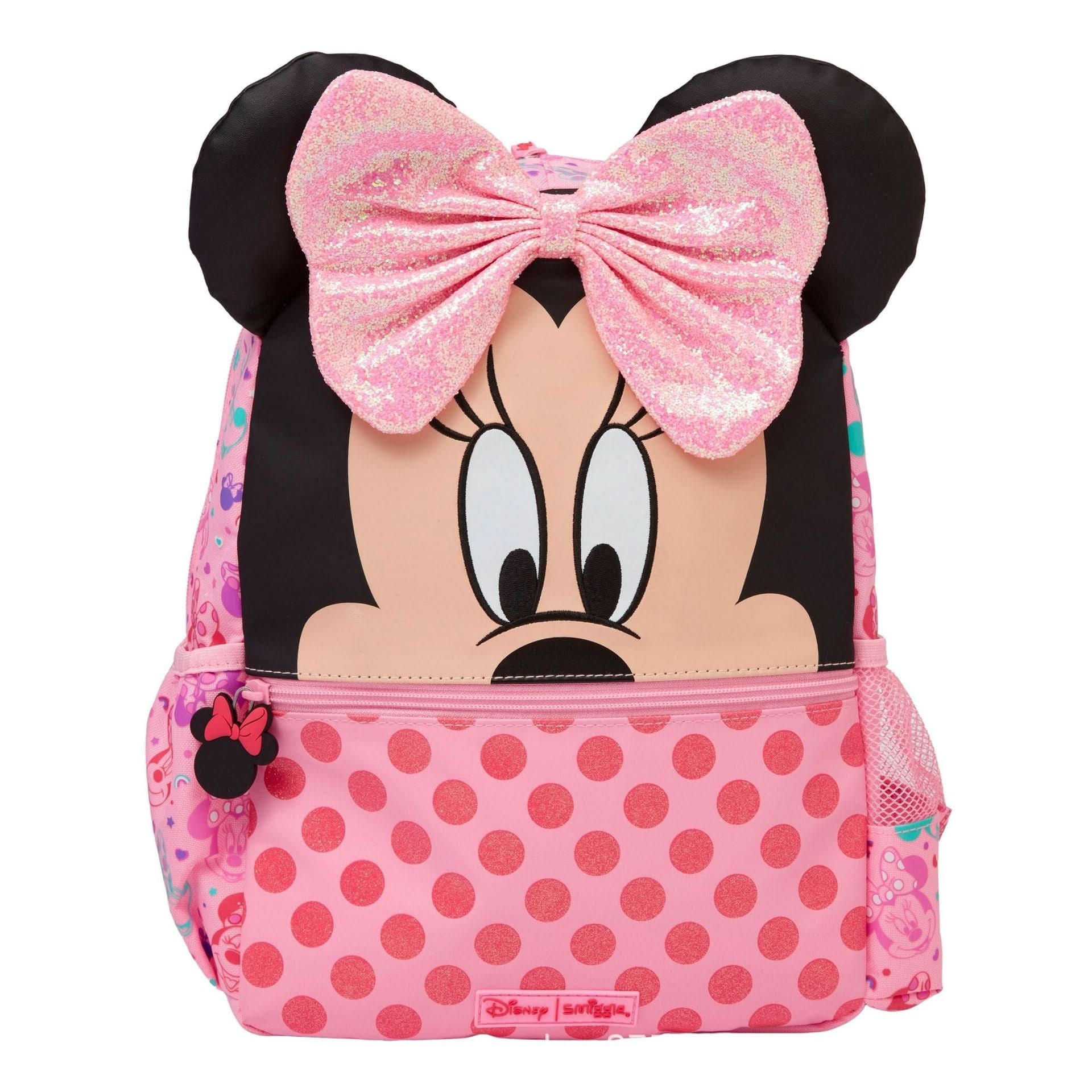 Minnie Mouse Smiggle Kids School Backpack – 3D Structured Ears, Oversized Glitter Sequin Bow, Full Face Graphic & Glitter Polka Dot Pocket, Girls Ages 3+, Baby Pink
