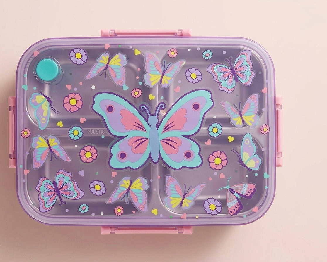 Butterfly Garden Kids Stainless Steel Lunch Box – SUS304 Food-Grade Steel, Transparent Lid with Pastel Butterfly Print, Multi-Section Tiffin with Leak-Proof Clips & Built-In Sauce Cup, Girls Ages 3+, Lavender/Pink