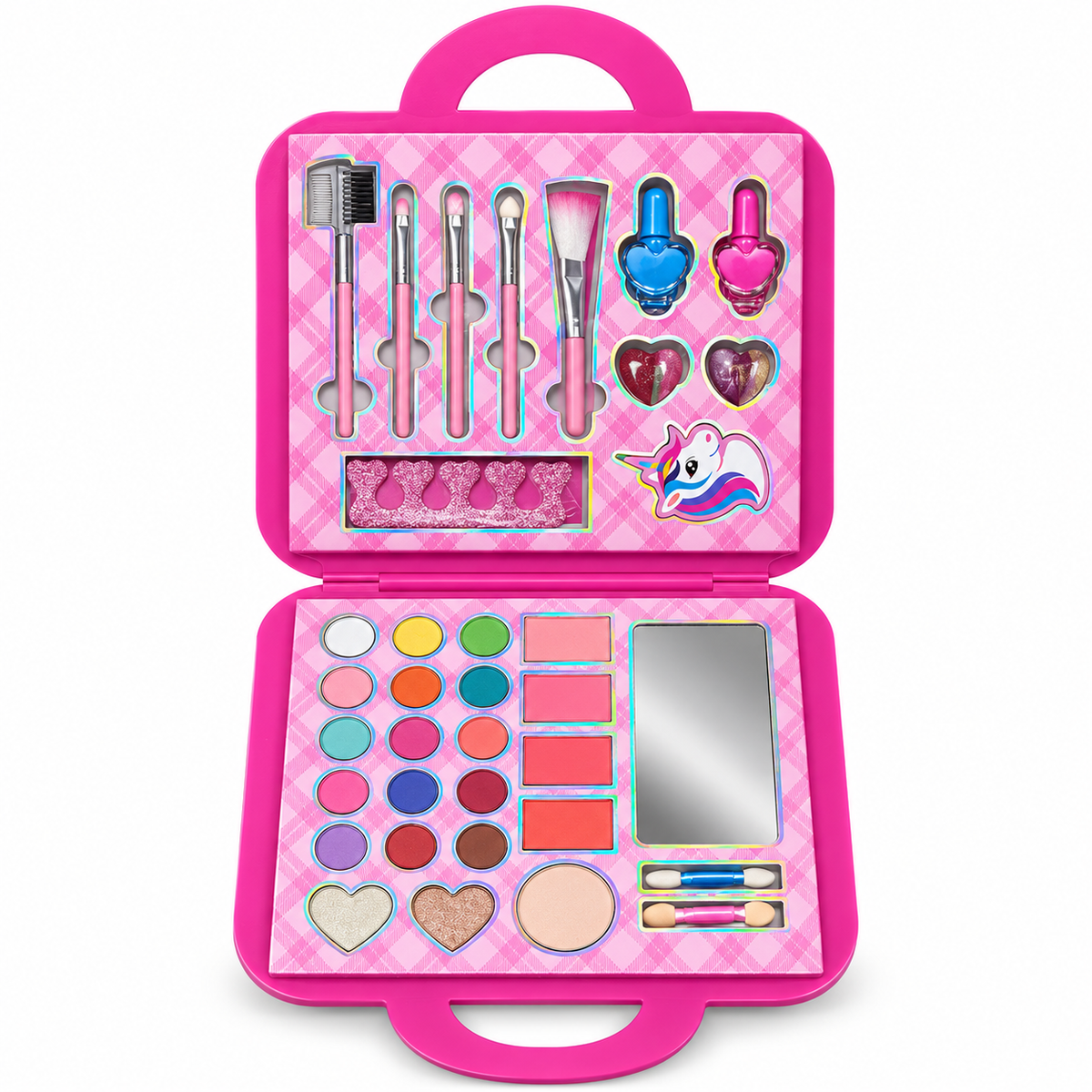 Unicorn Makeup Kit for Girls – Pink Handbag Makeup Set with 17 Eyeshadows, 4 Blushes, Lip Glosses, Nail Polish & 5 Brushes | Portable Vanity Case with Mirror | Pretend Play Gift for Girls