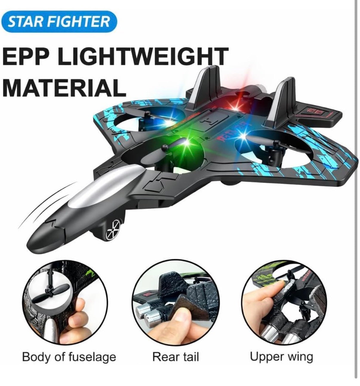 RC Fighter Jet Drone for Kids – VTOL Remote Control Airplane with 4 Propellers & Colourful LED Lights | Indoor & Outdoor Flying Toy | Easy to Fly | Boys & Girls Age 8+ | Birthday Gift