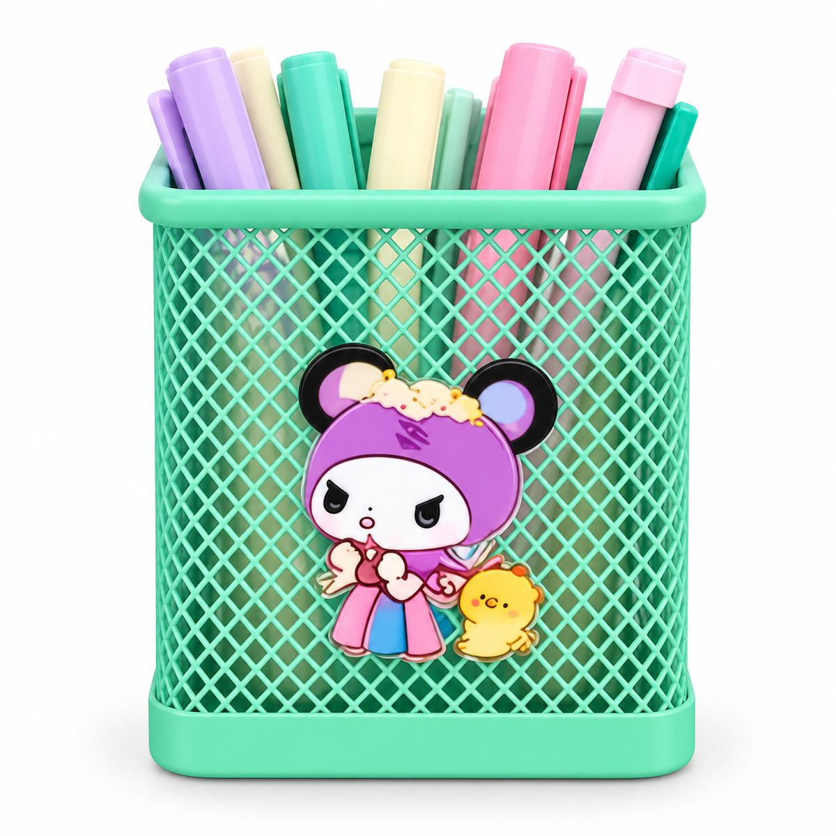 Mesh Pen Holder for Kids – Square Pencil Stand with Cute 3D Cartoon Charm, Desk Organizer for Pens, Pencils, Markers & Brushes – Stationery Storage for Study Table, Office & Kids' Room