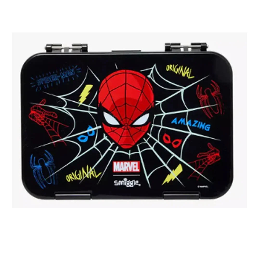 Spider-Man Marvel Kids Hard Shell Lunch Box – Neon Graffiti Web Print & Bold Mask Graphic, Multi-Section Tiffin with Secure Clip Locks, Boys Ages 3+, Stealth Black