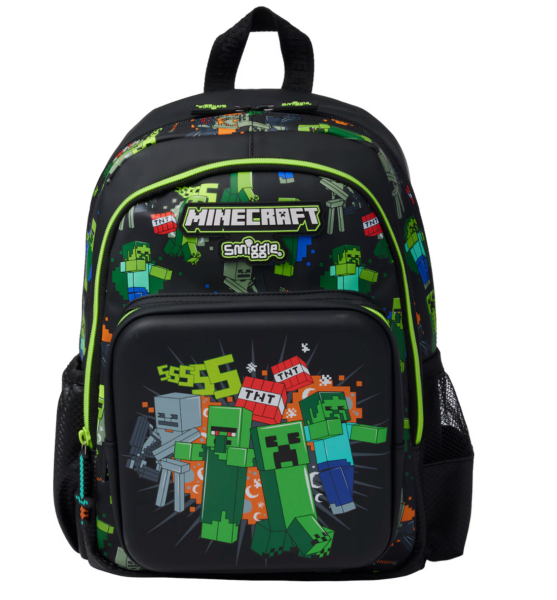 Minecraft Smiggle Kids School Backpack – 3D Moulded Mob Squad Front Pocket, TNT Explosion Scene, Neon Green Zippers & Full Pixel All-Over Print, Boys Ages 5+, Stealth Black/Neon Green