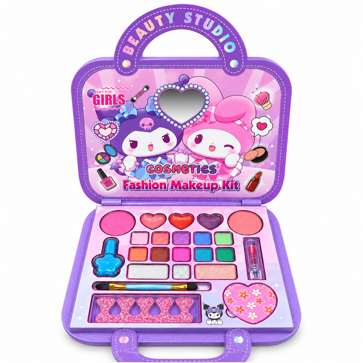 Kids Makeup Kit for Girls – Beauty Studio Handbag Makeup Set with 13 Eyeshadows, Blush, Lip Glosses, Lipstick & Nail Polish | Portable Purse-Style Vanity Case with Heart Mirror