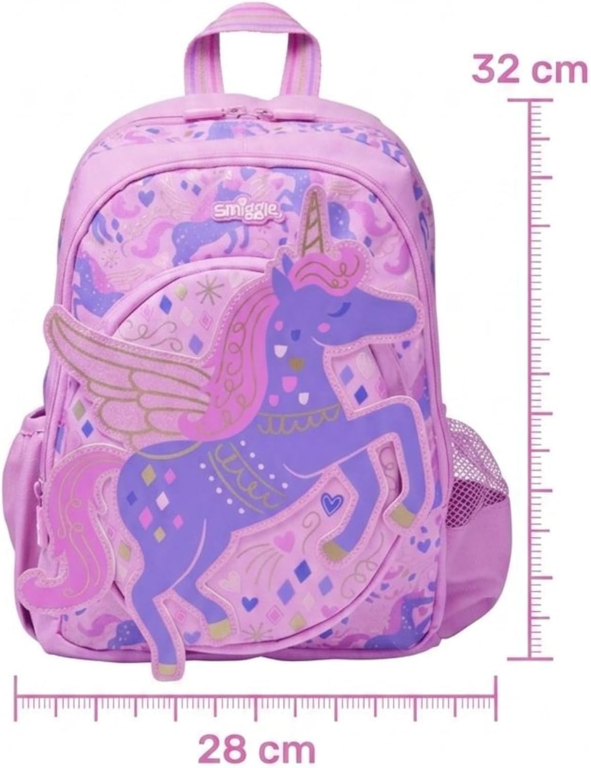 Smiggle Winged Unicorn Kids School Backpack – Large Die-Cut Pegasus Unicorn Applique, Gold Foil Detail & Magical All-Over Print, Multi-Compartment Bag for Girls Ages 3+, Lilac/Pink