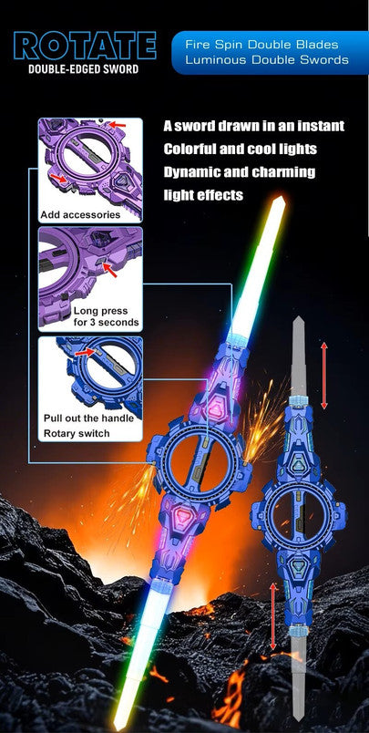 Rotating Double-Edged LED Light Up Sword Toy for Kids – Spinning Glow Staff with Colourful Lights | Smooth Safe Edges | Cosplay & Role Play Toy for Boys & Girls | Age 5+ | Birthday Gift