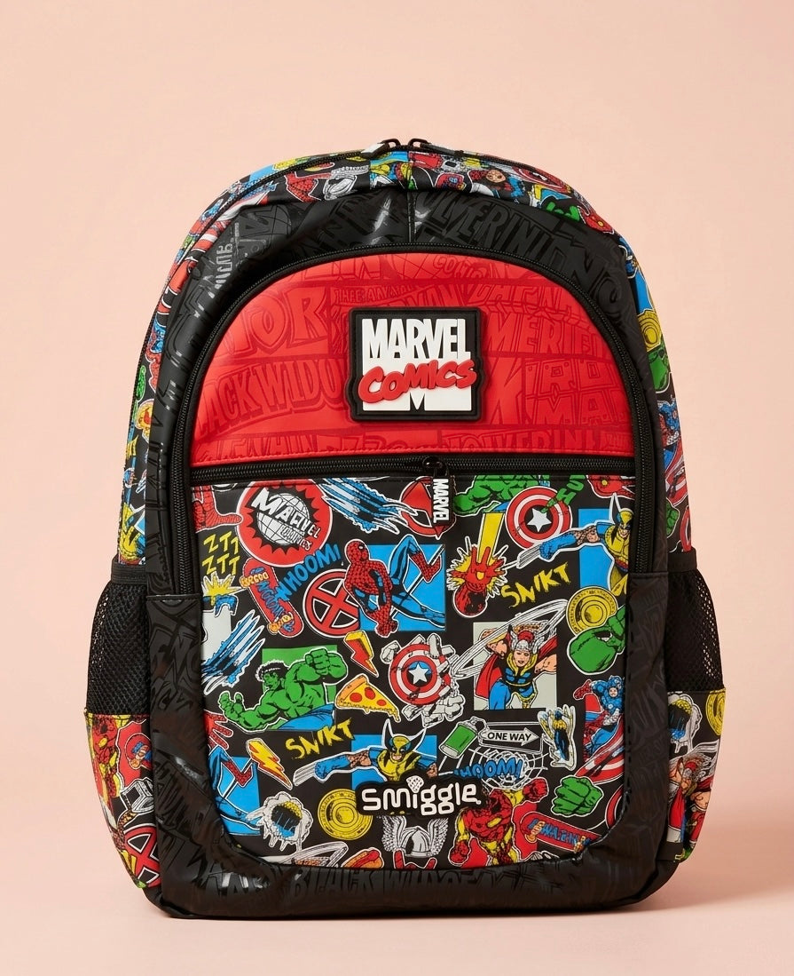Marvel Comics Smiggle Kids School Backpack – Rubber Comics Badge, Vintage Sticker Bomb All-Over Print & Hero Name Emboss Panel, Multi-Compartment Bag for Boys Ages 5+, Red/Black/Multi