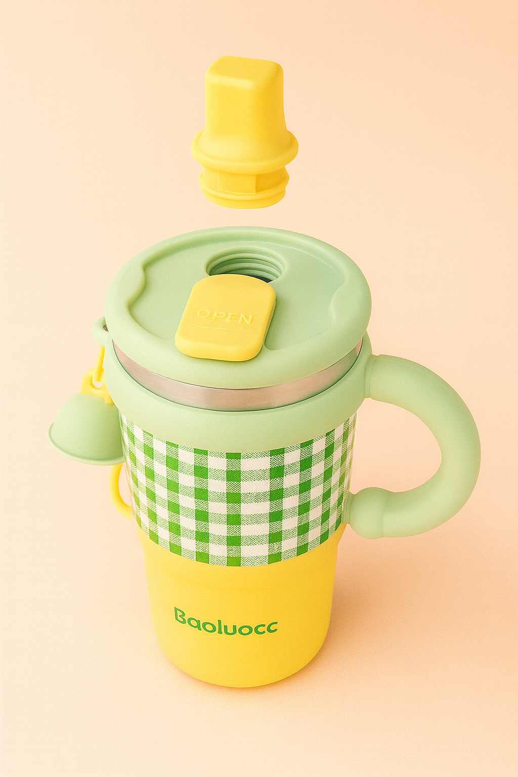 Baoluocc Kids Sipper Bottle with Handle | Cute Gingham Design, Spill-Proof Lid, Straw Spout & Bell Charm | Insulated, BPA-Free Water Bottle for School & Travel