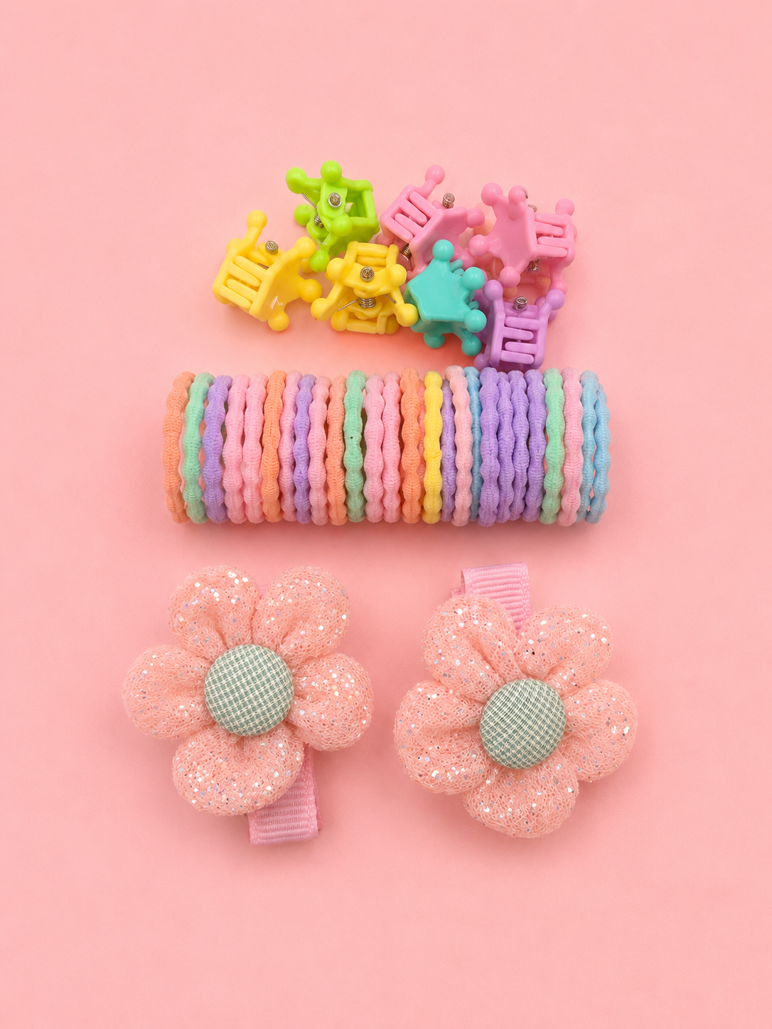 Kids Hair Accessories Set for Girls – 32 Pcs Pastel Combo | 2 Purple Glitter Flower Hair Clips, 10 Mini Claw Clips & 20 Soft Elastic Rubber Bands | Cute Hair Accessories Kit for Baby Girls, Toddlers & Kids – Gift Set