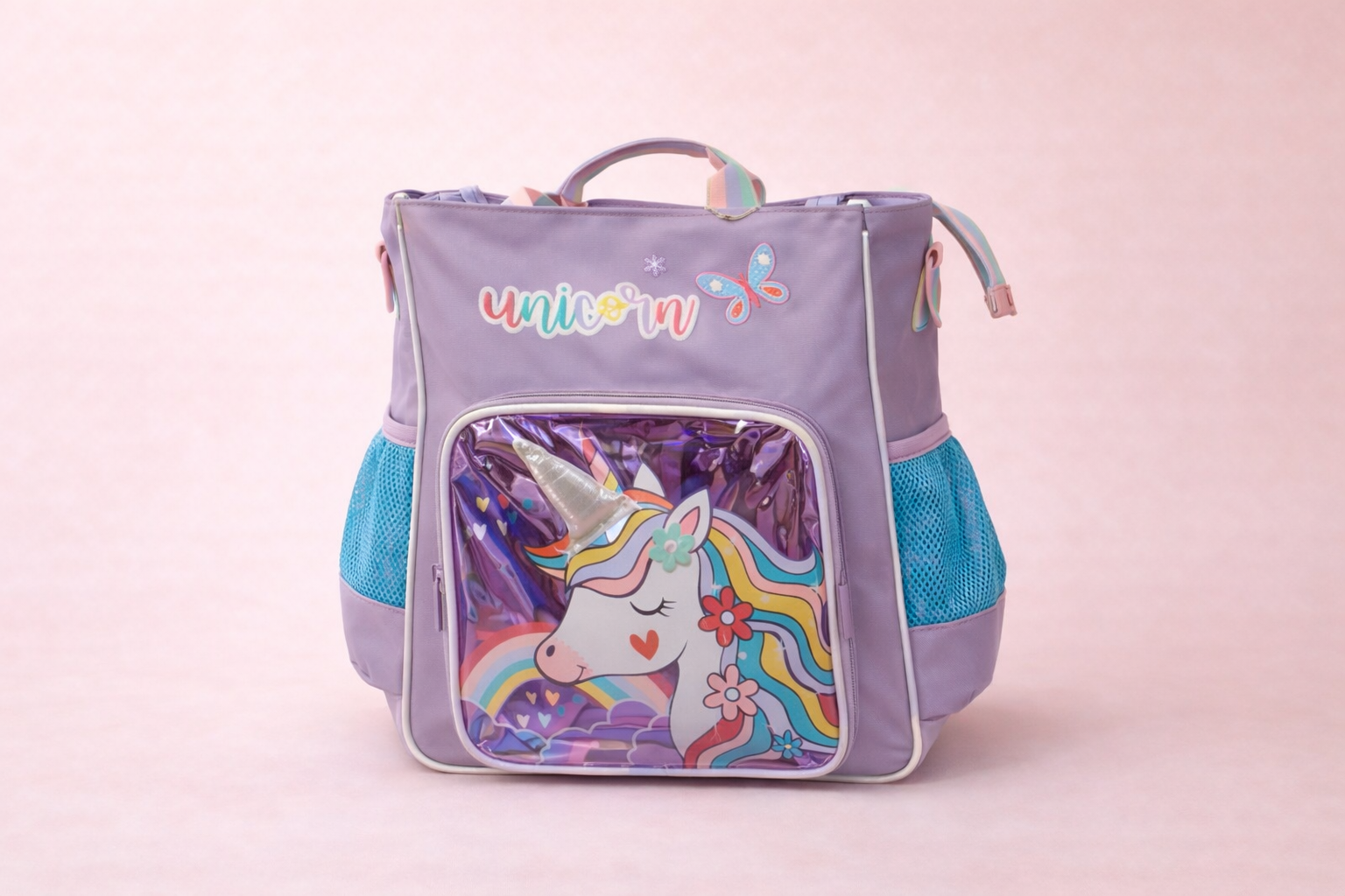 Dreamy Face Kids School Backpack – 3D Character Face Front Pocket with Raised Horn & Fluffy Ears, Rainbow Mane Detail, Multi-Pocket Everyday Bag for Girls Ages 3+, Baby Pink