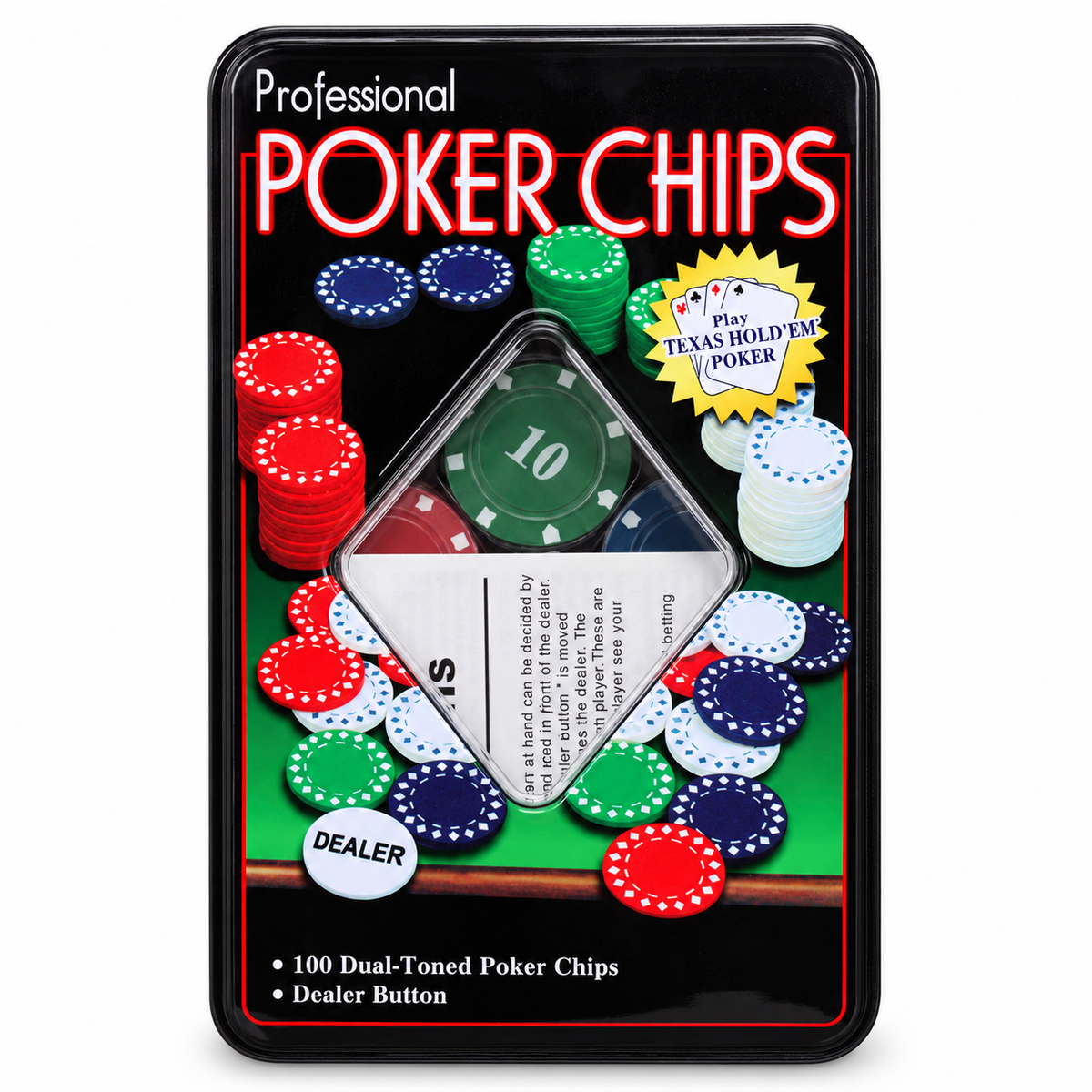 100 Poker Chips Set in Tin Box with Dealer Button, Numbered Chips for Texas Hold'em