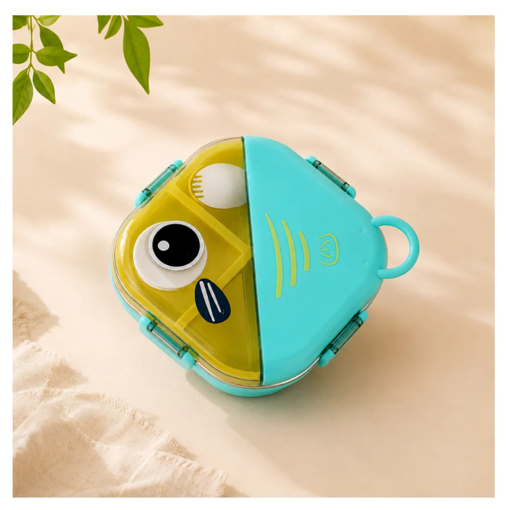 Fish tiffin box open with compartments, sauce container and spoon