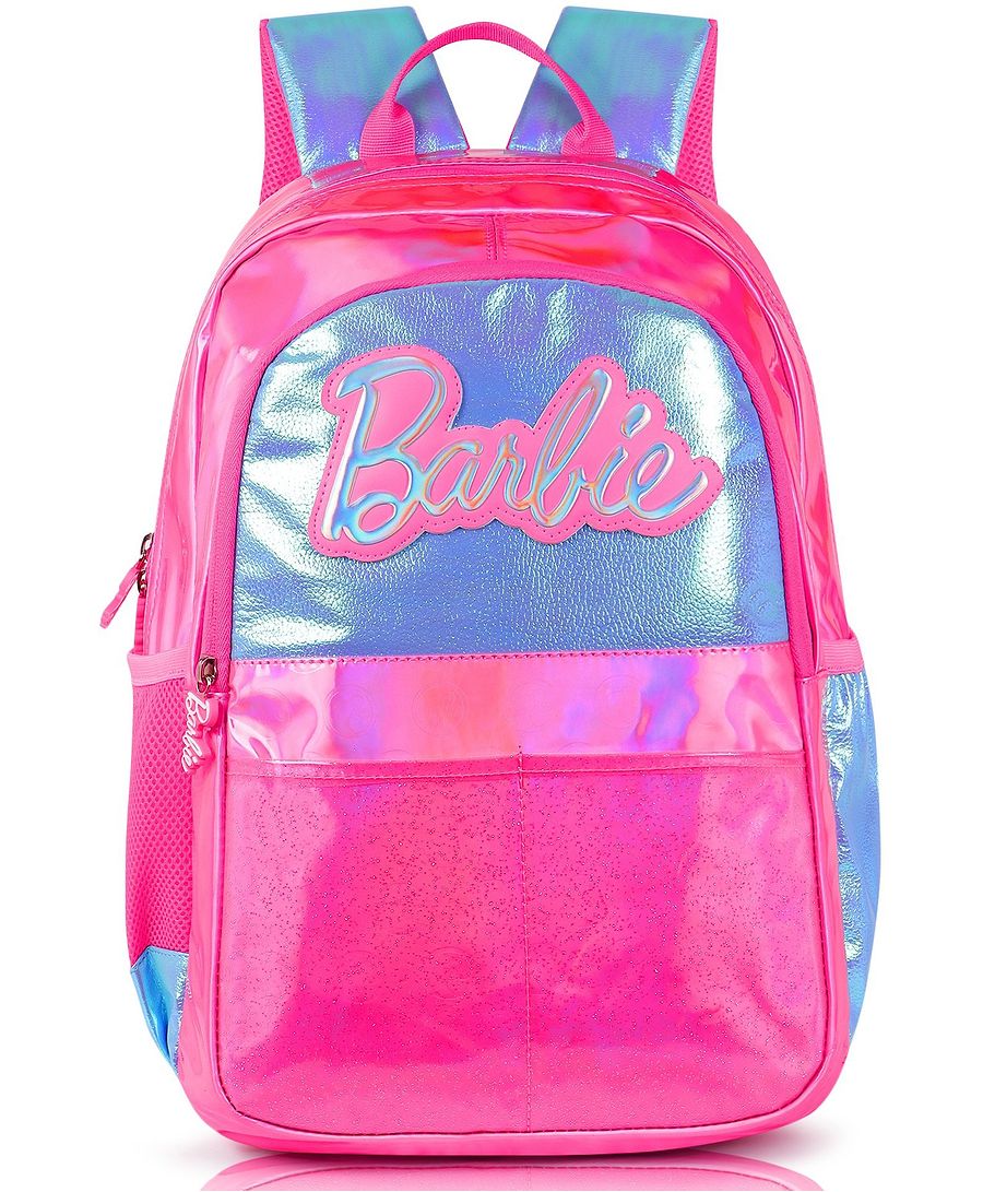 Barbie Kids School Backpack – Holographic Iridescent Front Panel, Raised Script Logo, Glitter Base & Metallic Finish, Multi-Compartment Bag for Girls Ages 5+, Hot Pink/Blue Holographic