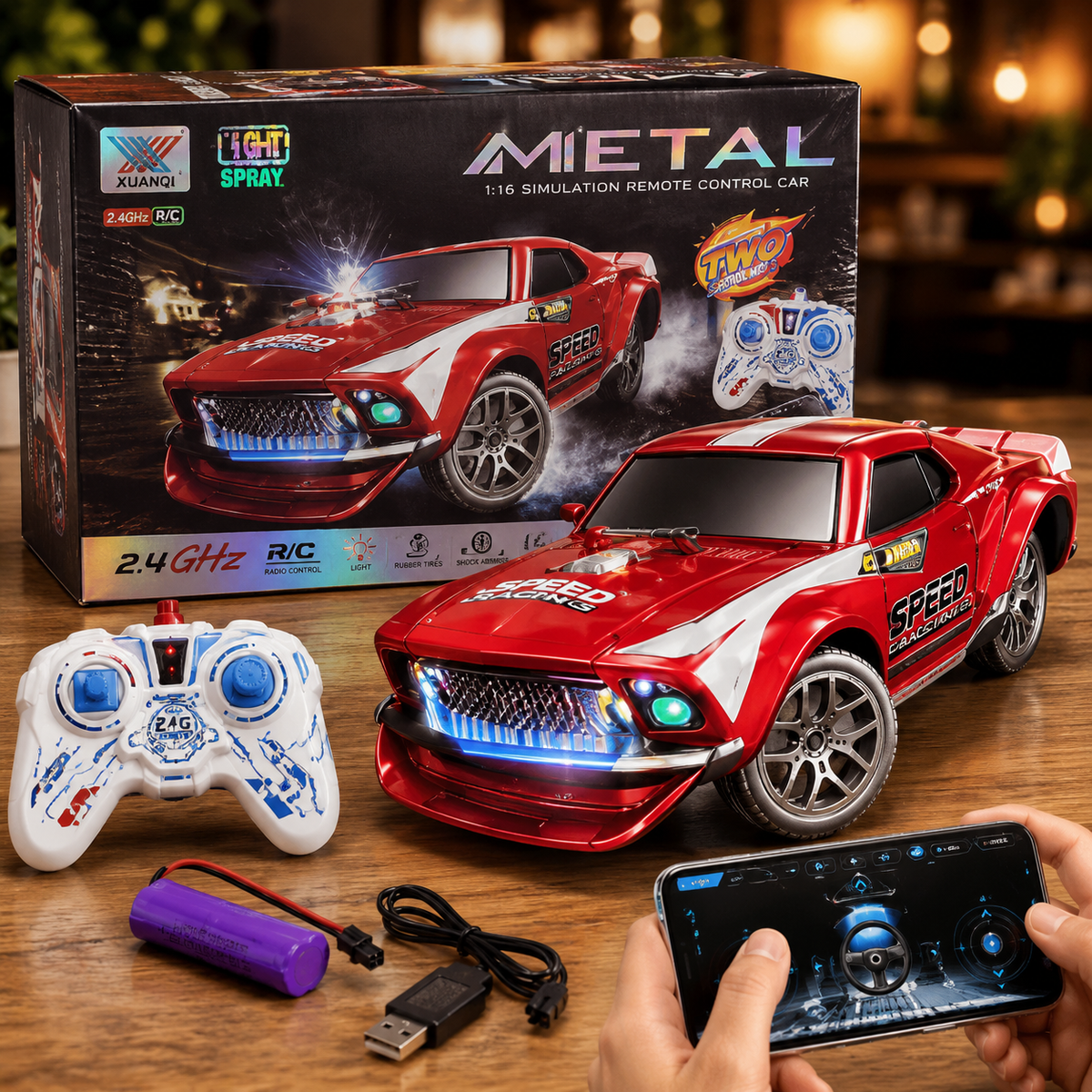 Xuanqi 1:16 Remote Control Car for Kids – 2.4GHz RC Muscle Racing Car with Spray Mist Exhaust, LED Lights, Rubber Tyres & Shock Absorbers | Rechargeable High-Speed Drift Car | Gift for Boys 6+ Years