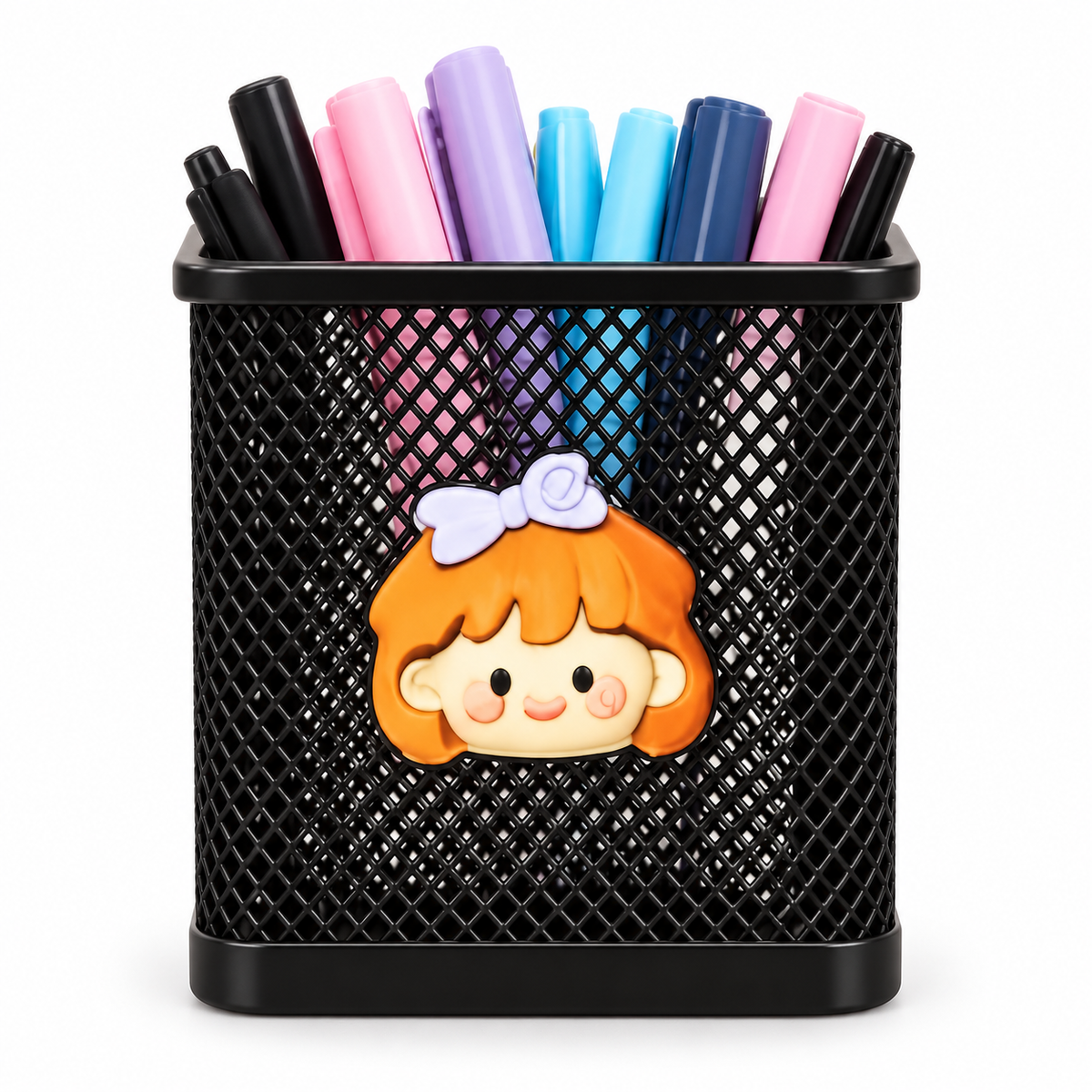 Mesh Pen Holder for Kids – Square Pencil Stand with Cute 3D Cartoon Charm, Desk Organizer for Pens, Pencils, Markers & Brushes – Stationery Storage for Study Table, Office & Kids' Room