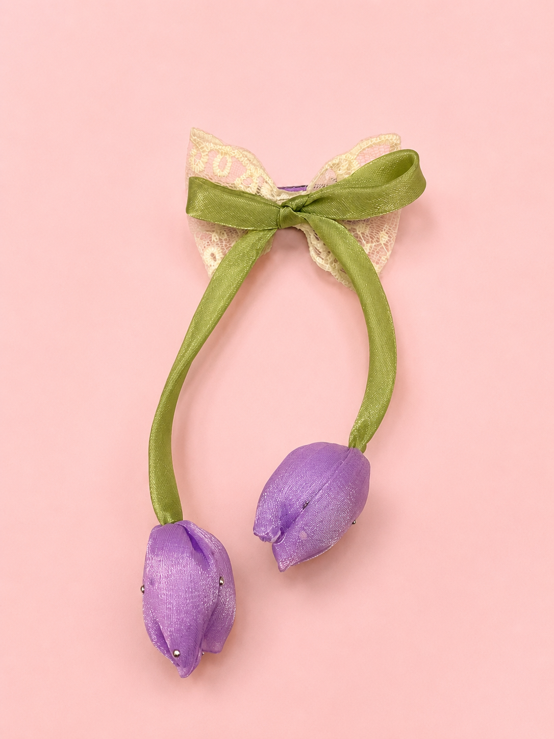 Double Tulip Hair Tie for Girls – Satin Flower Elastic Hair Band with Long Green Stem & Lace Bow | Padded Soft Interior | Pink, Purple & Blue | Kids & Teen Hair Accessories | Birthday & Festive Gift