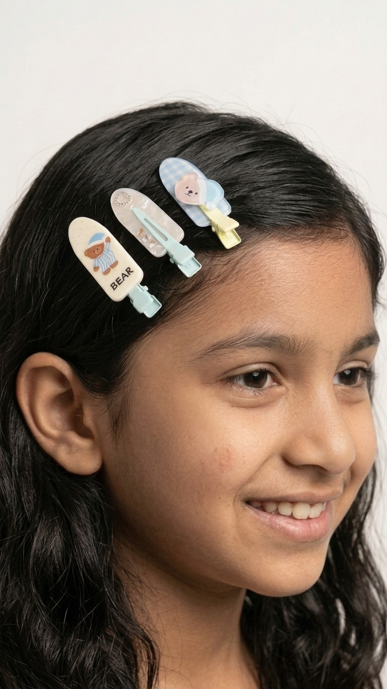 Teddy Bear Print Snap Hair Clips for Girls – Cute Illustrated Bear Oval Clips | Pastel Blue & Cream | Set of 3 | No-Slip Alligator Clip | Kids & Tween Hair Accessories Age 4+ | School & Birthday Gift
