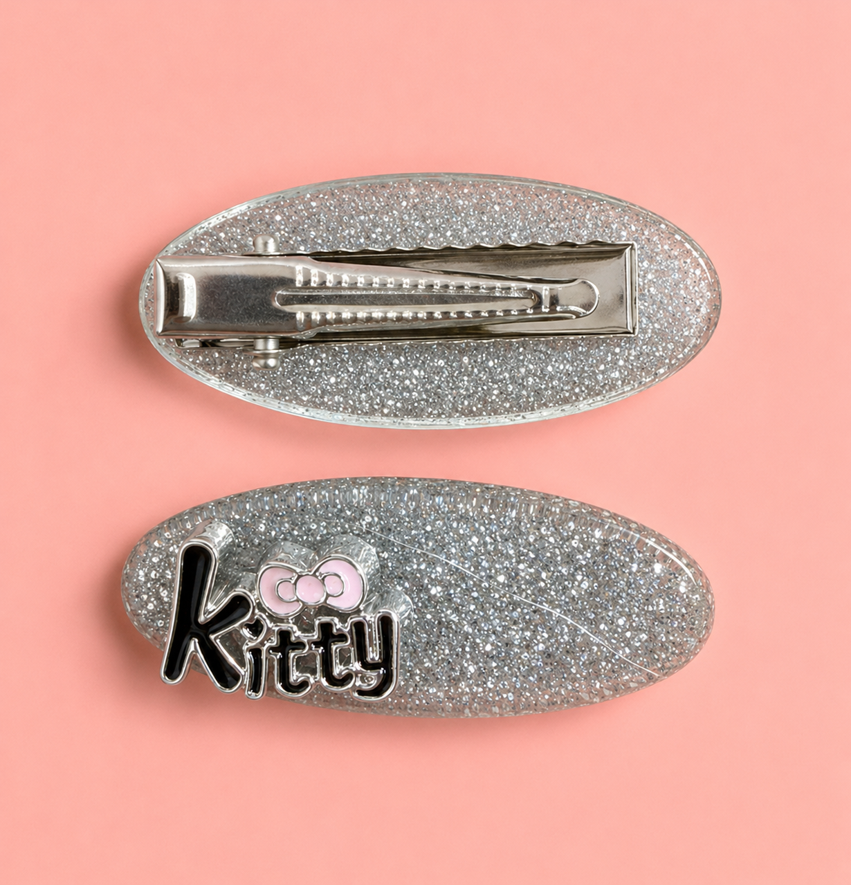 Glitter Oval Hair Clips for Girls – Sparkling Silver Set of 4 | Cute "Kitty" Enamel Charm with Pink Bow | No-Slip Alligator Clip | Kids Hair Accessories for Girls & Teens | School, Party & Gift