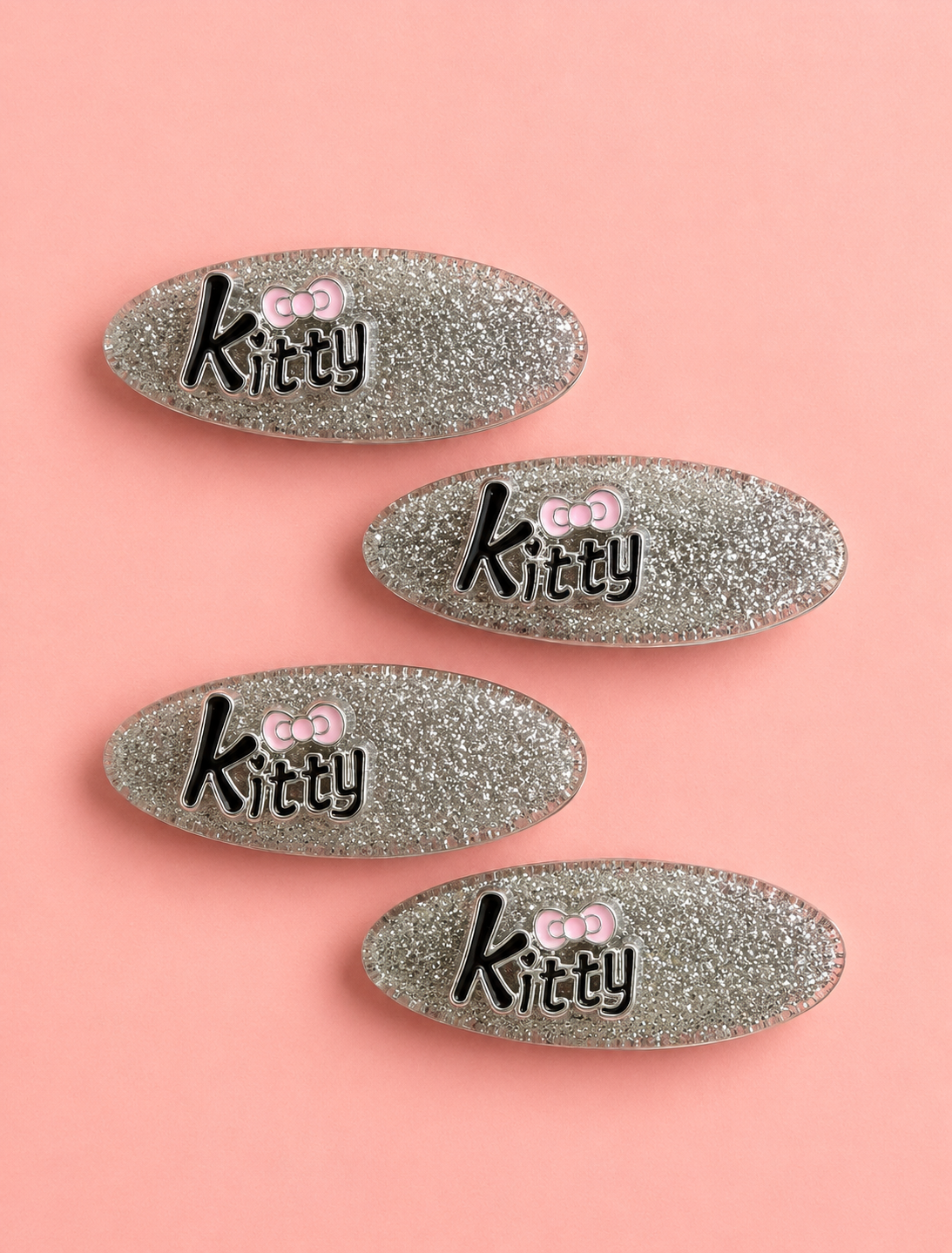 Glitter Oval Hair Clips for Girls – Sparkling Silver Set of 4 | Cute "Kitty" Enamel Charm with Pink Bow | No-Slip Alligator Clip | Kids Hair Accessories for Girls & Teens | School, Party & Gift