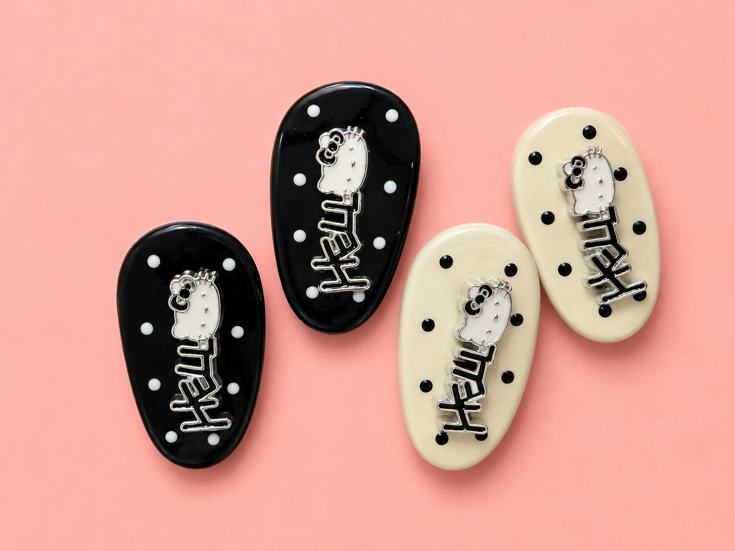Hello Kitty Black & Cream Polka Dot Hair Clips for Girls – Set of 4 | Cute Cartoon Cat Enamel Metal Charm | Wide Oval Snap Clip | Kids & Teen Hair Accessories | Everyday School Wear & Birthday Gift