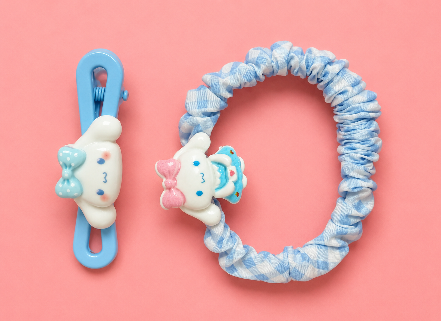 Cute Cartoon Charm Hair Clip & Scrunchie Set for Girls – Gingham Fabric Scrunchie + Matching Character Clip | 4 Colour Variants | Kids Hair Accessories Age 3+ | School & Birthday Gift