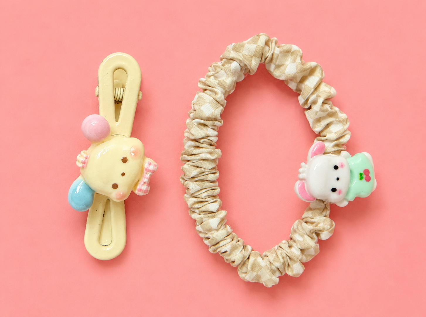 Cute Cartoon Charm Hair Clip & Scrunchie Set for Girls – Gingham Fabric Scrunchie + Matching Character Clip | 4 Colour Variants | Kids Hair Accessories Age 3+ | School & Birthday Gift