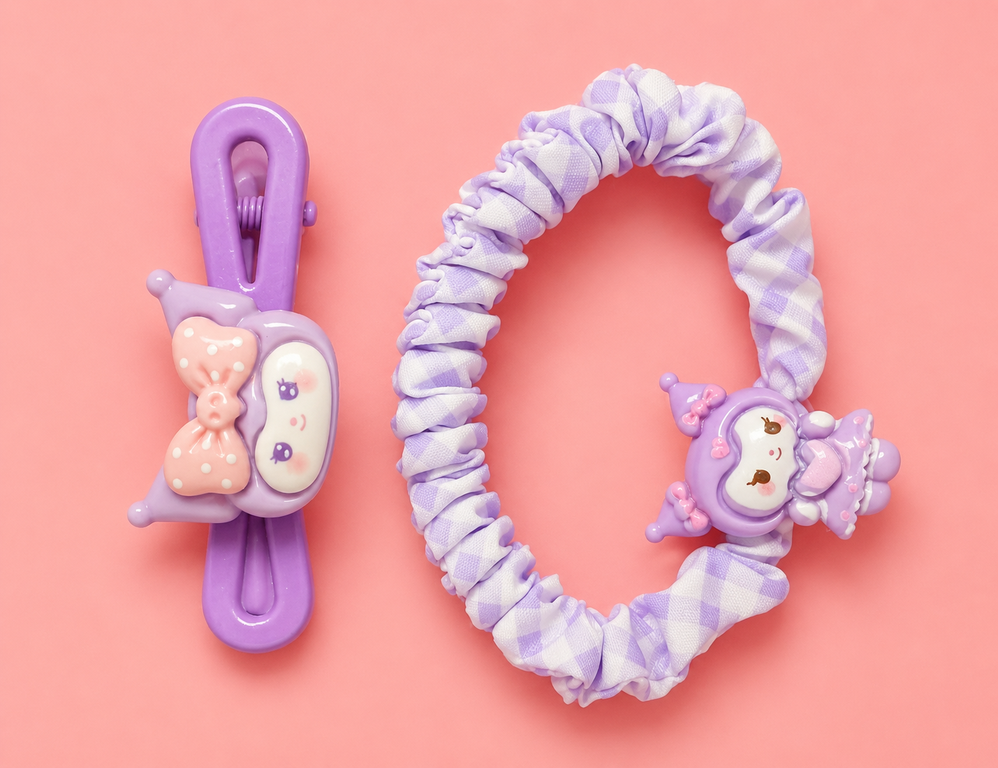 Cute Cartoon Charm Hair Clip & Scrunchie Set for Girls – Gingham Fabric Scrunchie + Matching Character Clip | 4 Colour Variants | Kids Hair Accessories Age 3+ | School & Birthday Gift