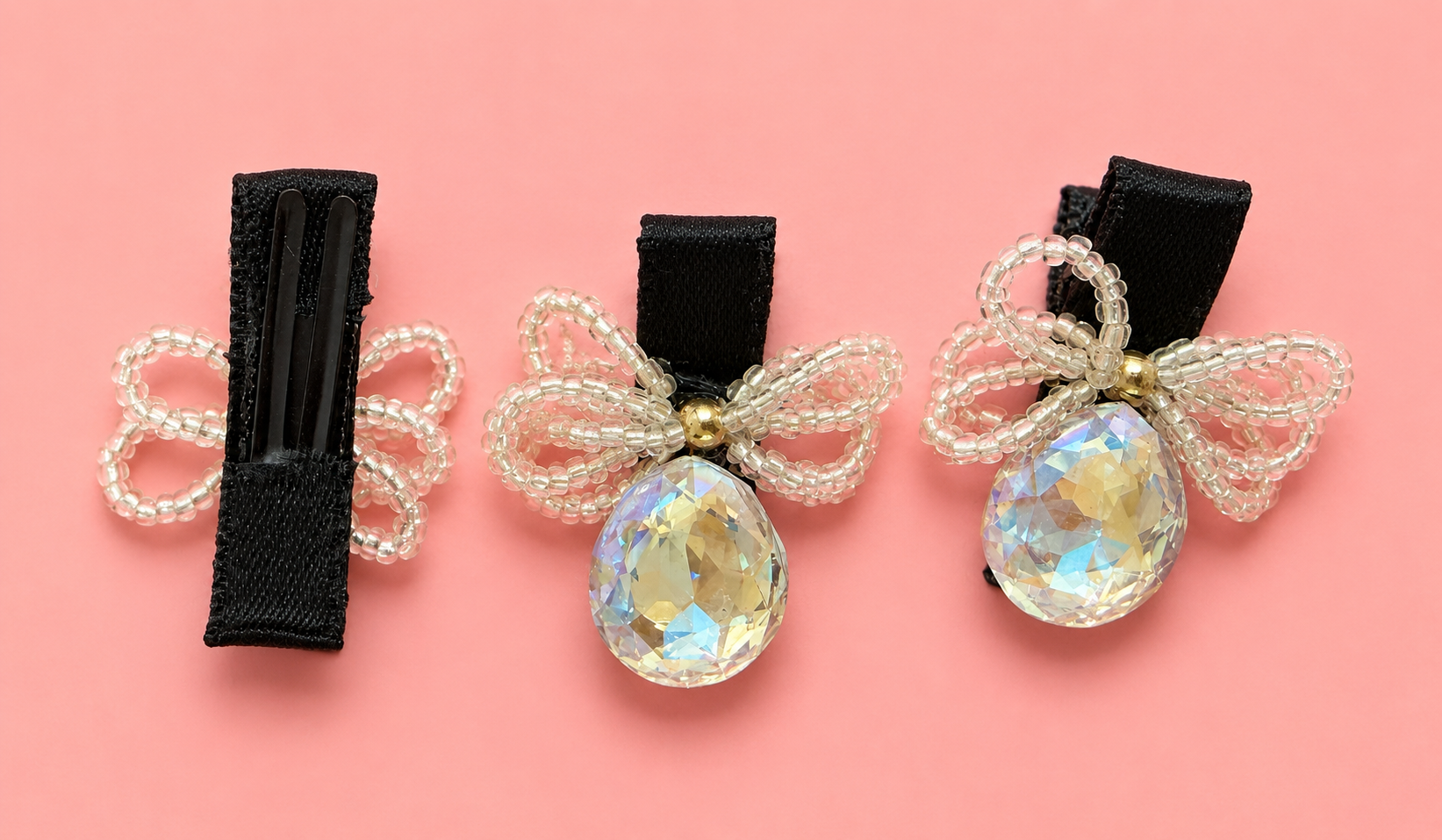 Crystal Drop Beaded Bow Hair Clips – Black Satin Ribbon Base with Handcrafted Seed Bead Bow & Large Faceted AB Crystal Pendant | Set of 3 | Girls & Women | Festive, Bridal & Party Hair Accessory