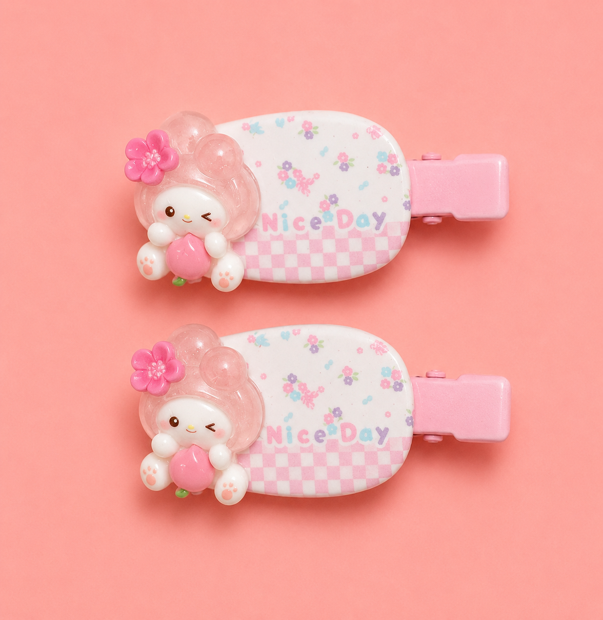 3D Cartoon Character Hair Clips for Girls – Cute Bunny & Bear Resin Charm | Floral Print Snap Clip Set of 4 | Pink & Blue | Kids Hair Accessories for Toddlers | Birthday & Return Gift