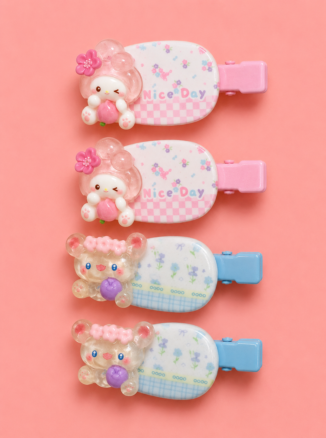 3D Cartoon Character Hair Clips for Girls – Cute Bunny & Bear Resin Charm | Floral Print Snap Clip Set of 4 | Pink & Blue | Kids Hair Accessories for Toddlers | Birthday & Return Gift