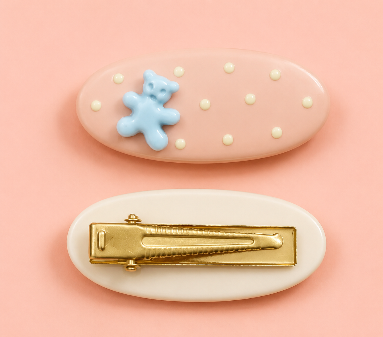 Kawaii Teddy Bear Hair Clips for Girls – Pastel Polka Dot Oval Snap Clip Set of 4 | Cute 3D Bear Charm | No-Slip Alligator Clip | Baby & Toddler Hair Accessories | Birthday & Return Gift