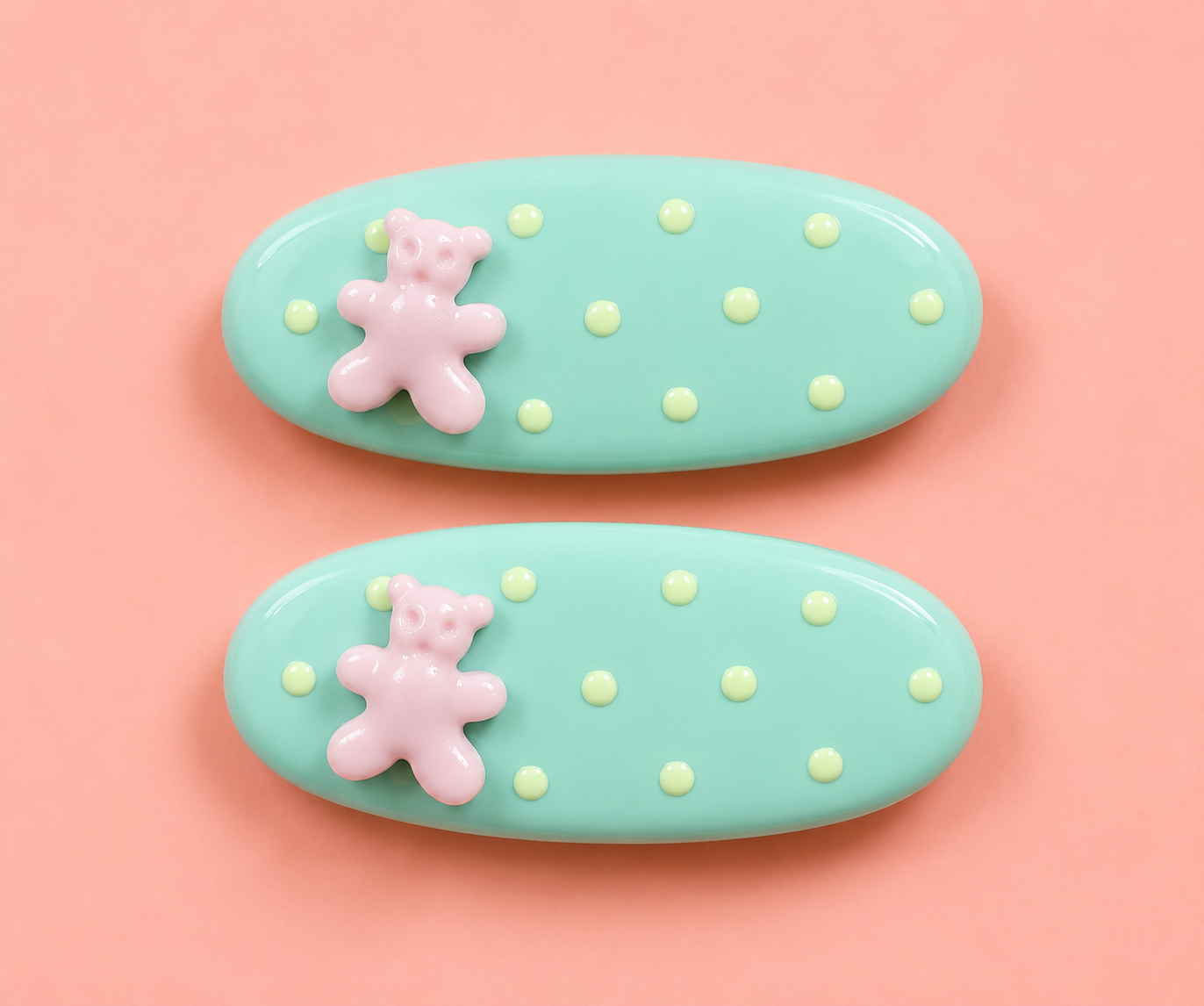 Kawaii Teddy Bear Hair Clips for Girls – Pastel Polka Dot Oval Snap Clip Set of 4 | Cute 3D Bear Charm | No-Slip Alligator Clip | Baby & Toddler Hair Accessories | Birthday & Return Gift