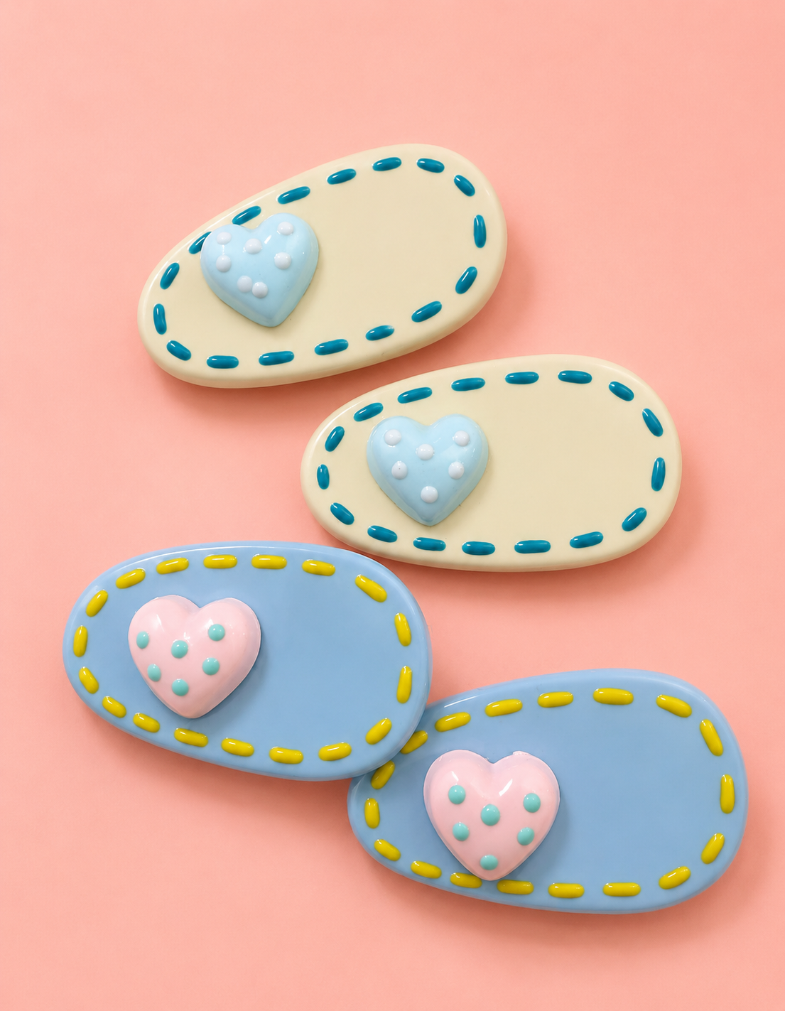 Heart Charm Snap Hair Clips for Girls – Cute Polka Dot 3D Heart with Stitch Border Detail | Set of 4 | No-Slip Alligator Clip | Kids Hair Accessories for Toddlers & Girls Age 3+ | Birthday Gift
