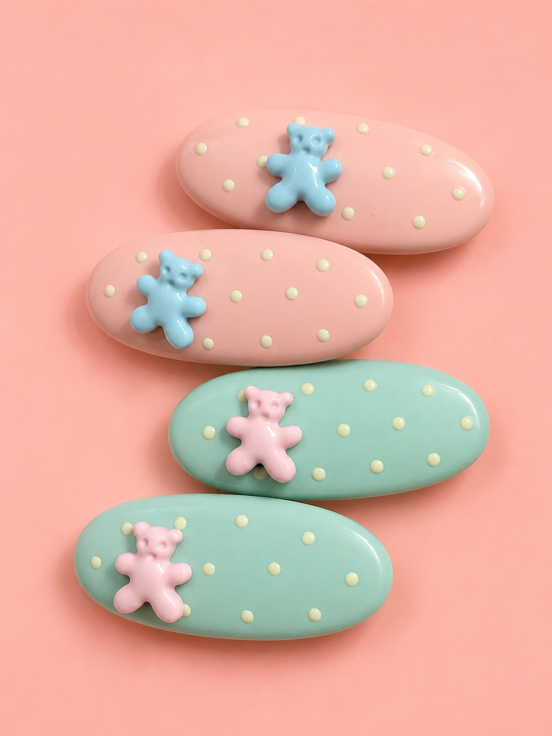 Kawaii Teddy Bear Hair Clips for Girls – Pastel Polka Dot Oval Snap Clip Set of 4 | Cute 3D Bear Charm | No-Slip Alligator Clip | Baby & Toddler Hair Accessories | Birthday & Return Gift