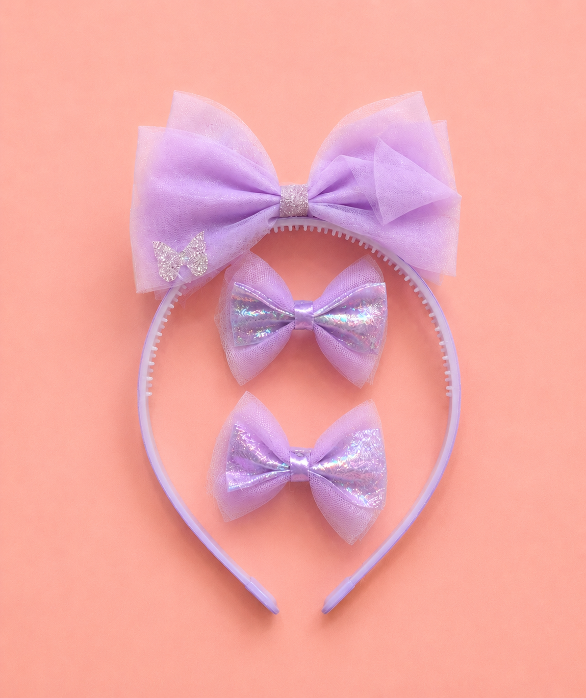 Tulle Bow Headband & Hair Clip Set for Girls – Big Bow Alice Band with 2 Matching Bow Clips | 4 Pastel Colours | Glitter Tulle | Kids Hair Accessories for Toddlers & Girls Age 3+ | Birthday & Party Gift