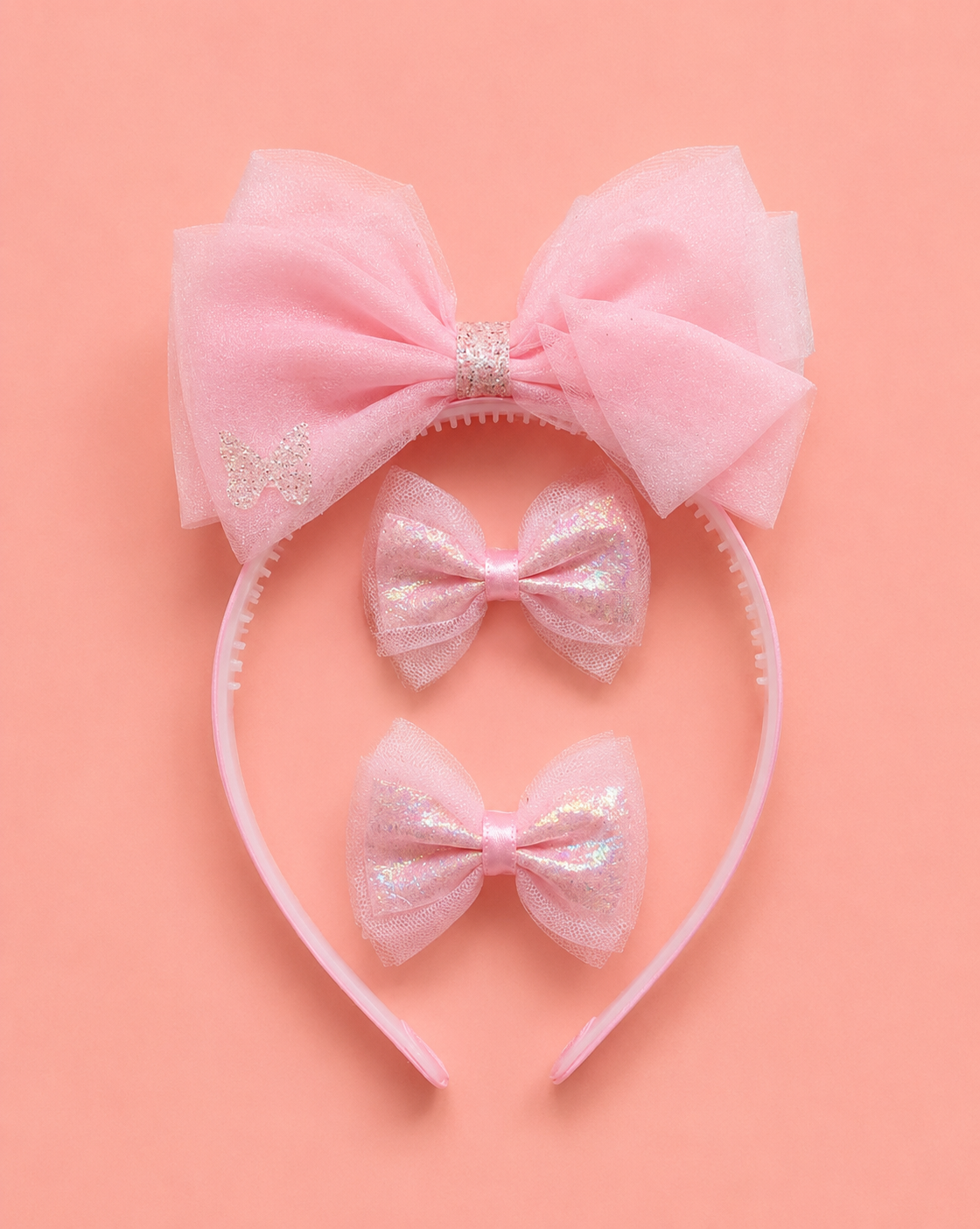 Tulle Bow Headband & Hair Clip Set for Girls – Big Bow Alice Band with 2 Matching Bow Clips | 4 Pastel Colours | Glitter Tulle | Kids Hair Accessories for Toddlers & Girls Age 3+ | Birthday & Party Gift