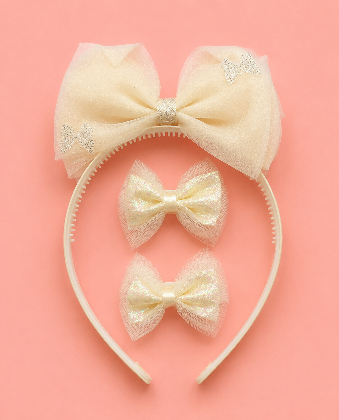 Tulle Bow Headband & Hair Clip Set for Girls – Big Bow Alice Band with 2 Matching Bow Clips | 4 Pastel Colours | Glitter Tulle | Kids Hair Accessories for Toddlers & Girls Age 3+ | Birthday & Party Gift