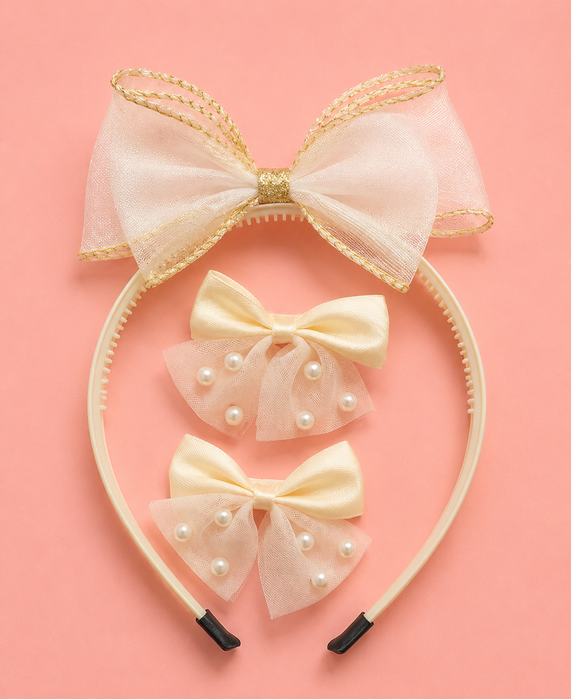 Pearl Bow Headband & Hair Clip Set for Girls – Organza Big Bow Alice Band with Gold Border & 2 Pearl Embellished Bow Clips | 3 Pastel Colours | Kids Hair Accessories Age 3+ | Birthday & Party Gift