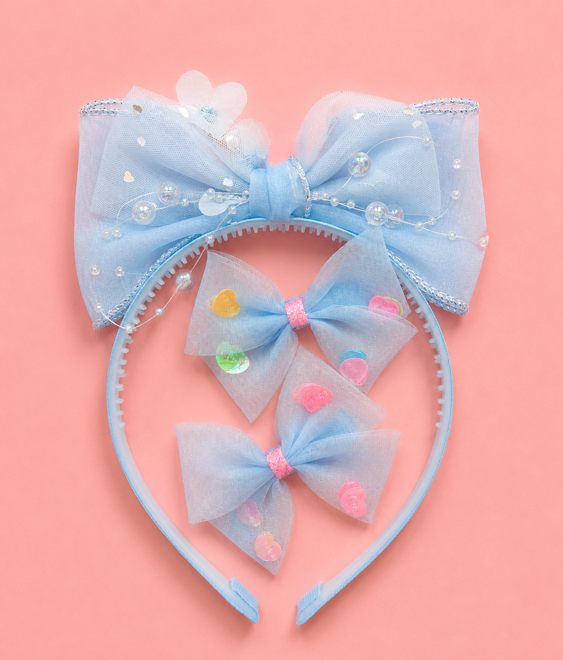 Pearl Bow Headband & Hair Clip Set for Girls – Organza Big Bow Alice Band with Gold Border & 2 Pearl Embellished Bow Clips | 3 Pastel Colours | Kids Hair Accessories Age 3+ | Birthday & Party Gift