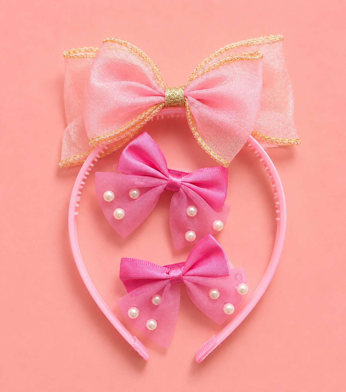Pearl Bow Headband & Hair Clip Set for Girls – Organza Big Bow Alice Band with Gold Border & 2 Pearl Embellished Bow Clips | 3 Pastel Colours | Kids Hair Accessories Age 3+ | Birthday & Party Gift