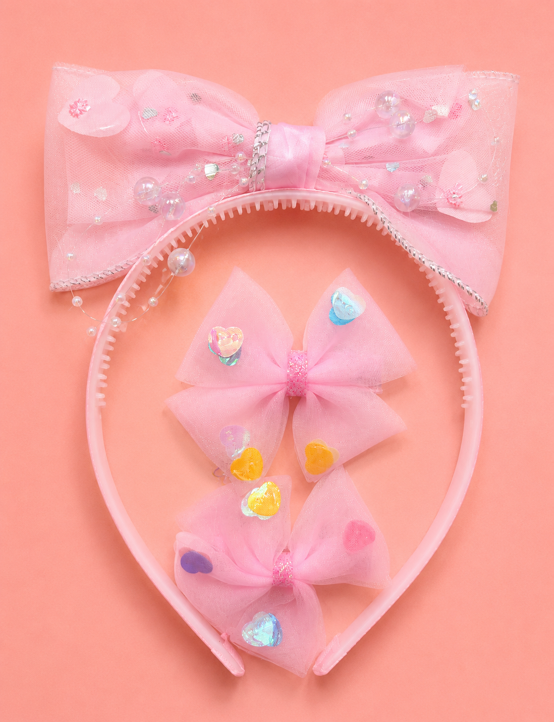 Pearl Bow Headband & Hair Clip Set for Girls – Organza Big Bow Alice Band with Gold Border & 2 Pearl Embellished Bow Clips | 3 Pastel Colours | Kids Hair Accessories Age 3+ | Birthday & Party Gift