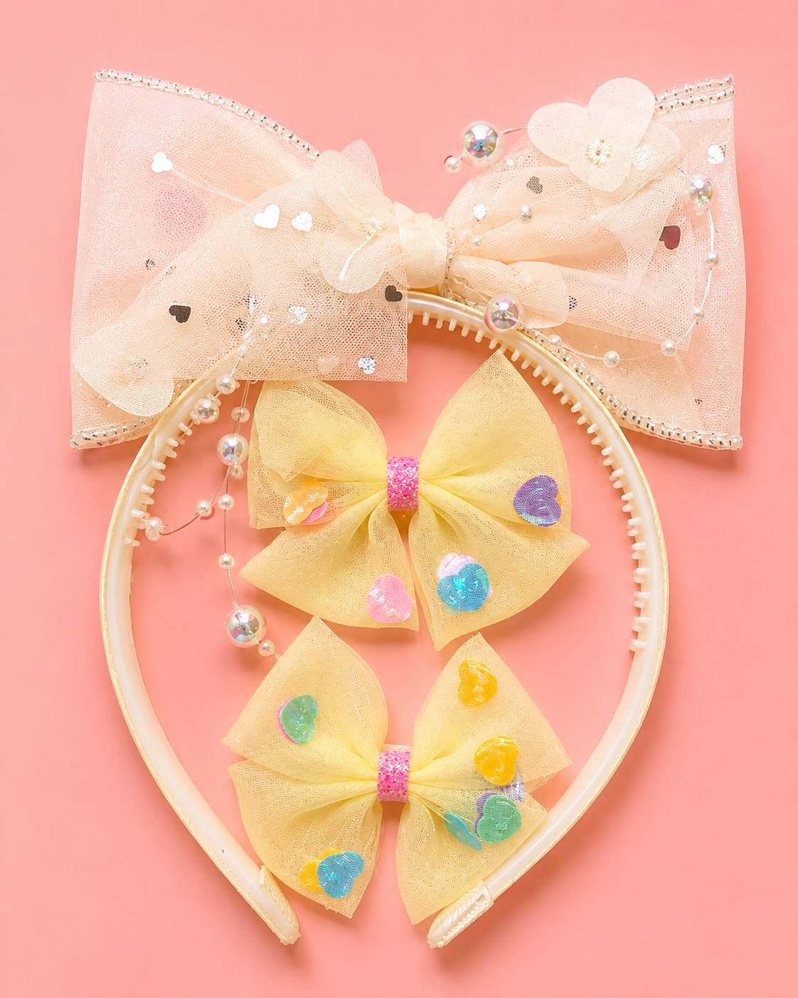 Pearl Bow Headband & Hair Clip Set for Girls – Organza Big Bow Alice Band with Gold Border & 2 Pearl Embellished Bow Clips | 3 Pastel Colours | Kids Hair Accessories Age 3+ | Birthday & Party Gift
